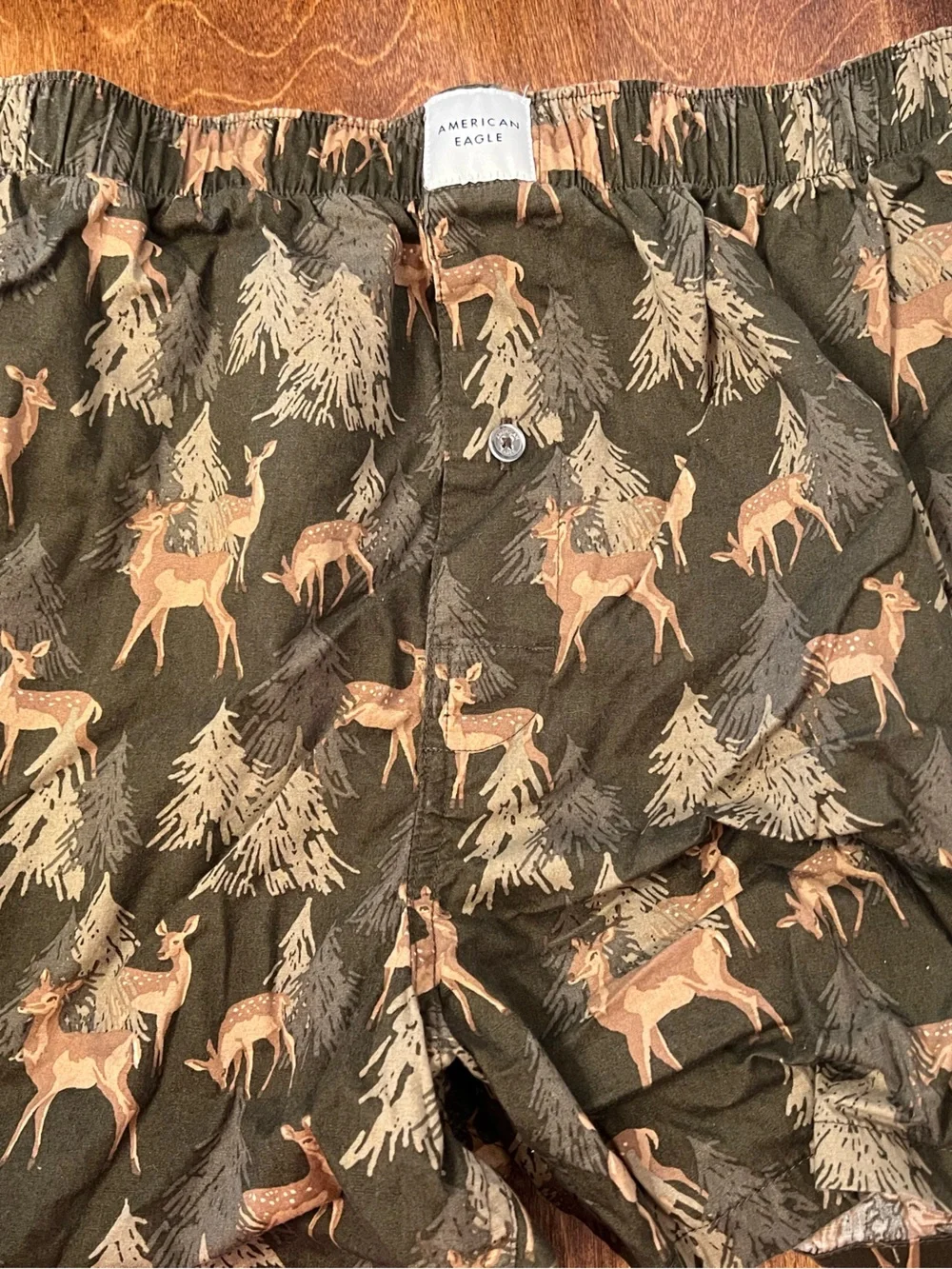 American Eagle Poplin Boxers Mens XL Deer Print Trees Army Green